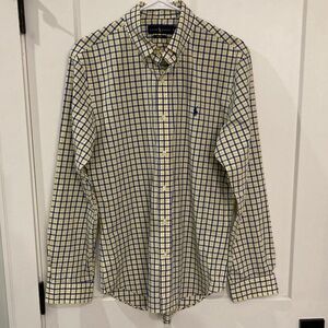 Mens Medium Slim Fit Ralph Lauren Yellow / Blue Checked Cotton Button-Down Shirt